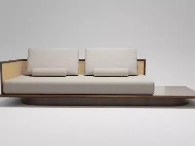 Modern Rattan-Accented Wooden Sofa 3D Model 3D model