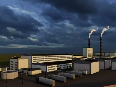 indutrials factory with smokestacks under cloudy sky 3D model