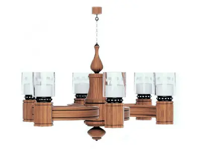light wooden chandelier with glass cups 3D model
