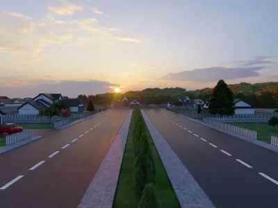 3D Neighborhood Model 8 street with houses and cars at sunset 3D model