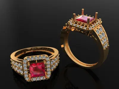 Women Ring 3 light weight princesscut halo ring 3D print model