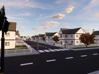 3D Neighborhood Model residential street with houses and fences 3D model