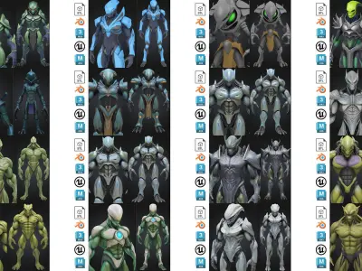 34 Game-Ready Sci-Fi Creatures Stylized Alien Warrior Pack