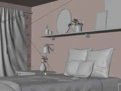 Bedroom round mirror on shelf 3D model