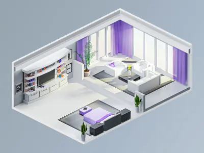 Room 9 living with curtains Low-poly 3D model