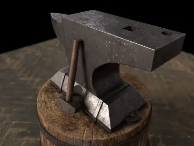 Medieval Anvil and Hammer Low-poly 3D model