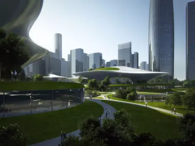 Futuristic Waterfront Cityscape with Landmark Tower 3D model