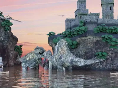 Dinosaur Castle Island Medieval Environment Game Ready 3D model