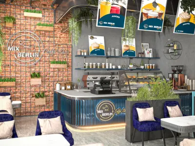 Modern Coffee Shop Interior and Exterior 3D Scene 3D model