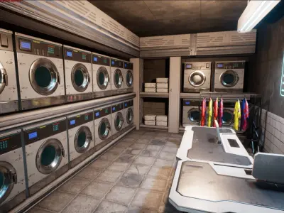 Cyberpunk Laundry Room Props Interior Game-Ready Low-poly 3D model