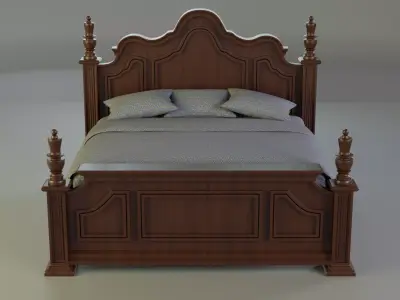 Vintage Wooden Bed with Patterned Bedding Low-poly 3D model