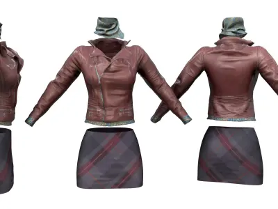 Brown Leather Jacket Scarf Skirt Outfit Low-poly 3D model
