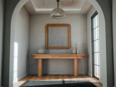 Minimalist interior with a wooden floor and a black rug Low-poly 3D model