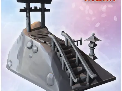 Traditional Japanese shrine with torii gate and stone lantern on 3D print model