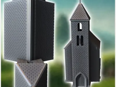 Christian chapel in hewn stone with a tiled roof and a gothic-st 3D print model