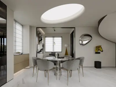 Modern living room dining room and kitchen scene  3D model