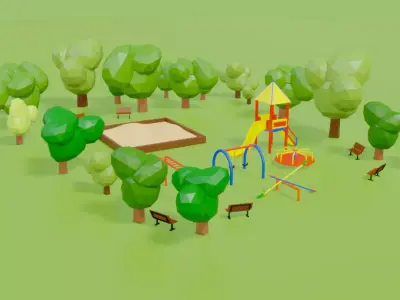 Low Poly Park playground with trees and benches 3D model