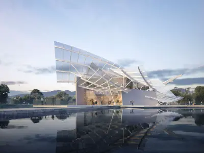 Sculptural Glass Landmark Pavilion on Reflective Water 3D model