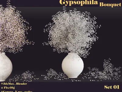 Minimal Gypsophila Bouquet in Textured Clay Vase 3D model