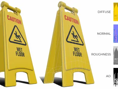 Caution Wet Floor Safety Sign - Clean and Dirty Low Poly Low-poly 3D model