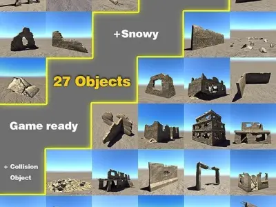 Ruined city set Low-poly 3D model