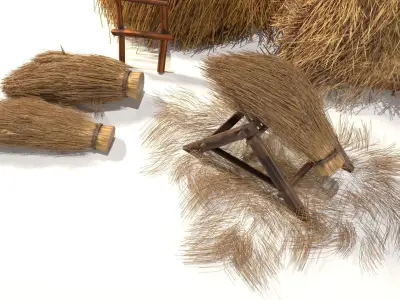Hand painted medieval stylized farmhouse and farming tool thatch Low-poly 3D model