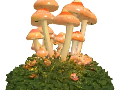 Glowing Fantasy Mushrooms on Moss Low-poly 3D model