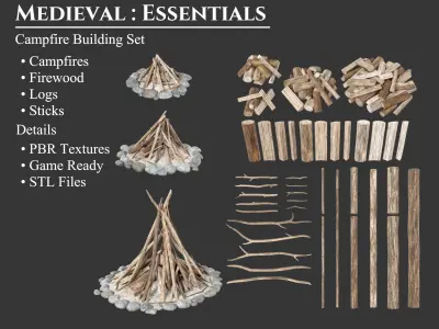 Medieval Collection Camp Fire Building Set 3D Model Pack