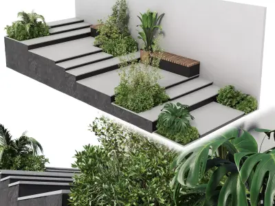 Landscape Furniture stairs with plant and Garden Low-poly 3D model