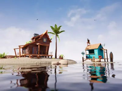 Beach House and Hut Low-poly 3D model