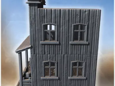 Wooden bank building with double doors fenced porch tiled awning 3D print model