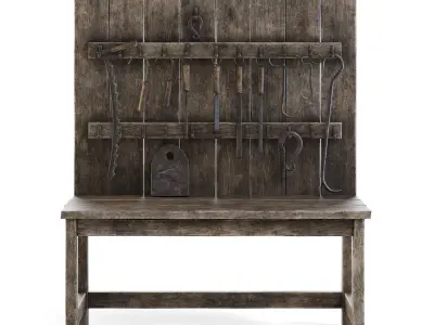 Old Wooden Wall Table with Tools 3D model