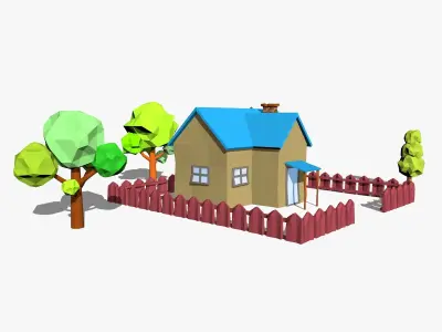 Cartoon Scene with House and Trees 3D model