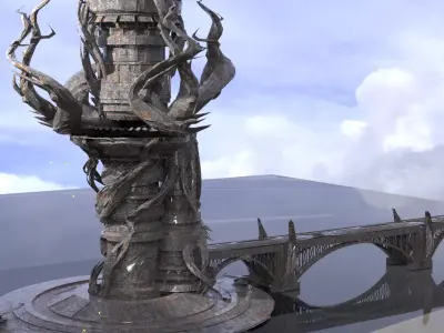 Dark Cthulhu Watchtower City bridges Low-poly 3D model