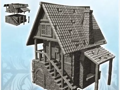 Medieval house with tiled roof and large staircase and canopy 6  3D print model