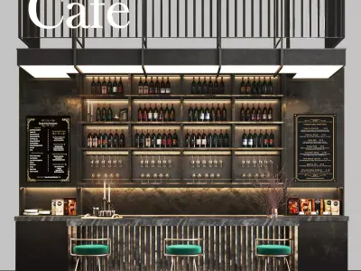 Cafe03 bar with shelves and railings Low-poly 3D model