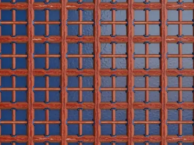 Stylized Wooden Window Frame with Blue Glass PBR Seamless Texture