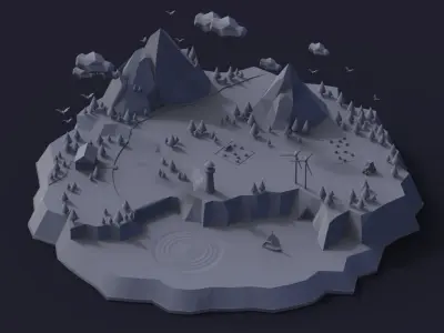 Norway island with trees and river Low-poly 3D model