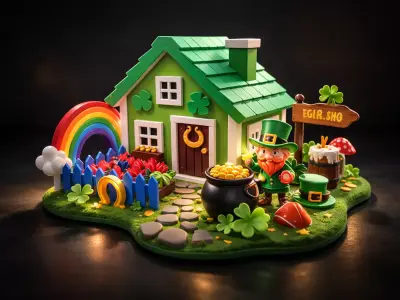 St Patrick Day Lucky Cottage Leprechaun House with Rainbow 3D print model
