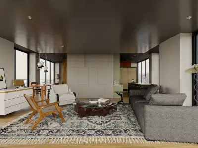 Living Room and Kitchen with Dinning Set Low-poly-115 Low-poly 3D model