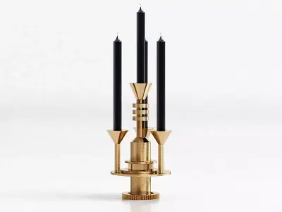 Cog gold candle holder with three candles 3D model