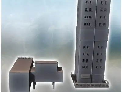 Set of two industrial buildings with a large tower and warehouse 3D print model