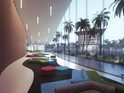 Modern Waterfront Lobby with Panoramic Glass and Palm View 3D model