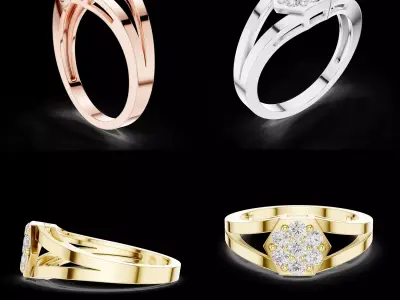 Hexagon Diamond Cluster Gold Ring 3D Model 3D print model