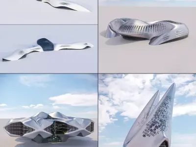 Futuristic building collection 4x 3D Model Pack