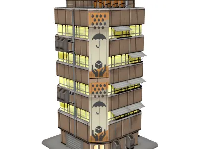 Apartment 2 building with umbrella on top Low-poly 3D model