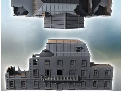 Large building with a zinc roof hewn stone base and flat-roofed  3D print model