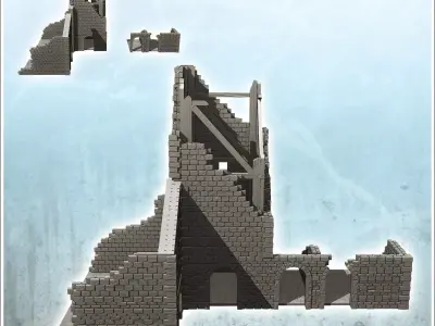 Ruined building with large tower with wooden frame and arches 37 3D print model