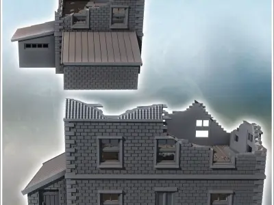 Brick building with two annexes and mansard roof ruined version  3D print model