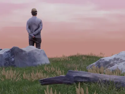 Natural landscape  scene with a rock and character 3D model